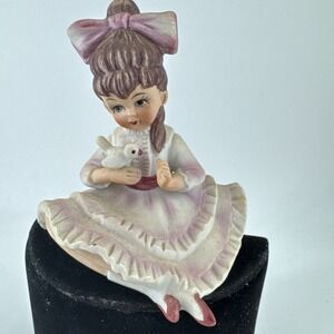 Vintage Girl Figurine Bird Pink Dress Large Bow 4.5" Porcelain Taiwan MCM